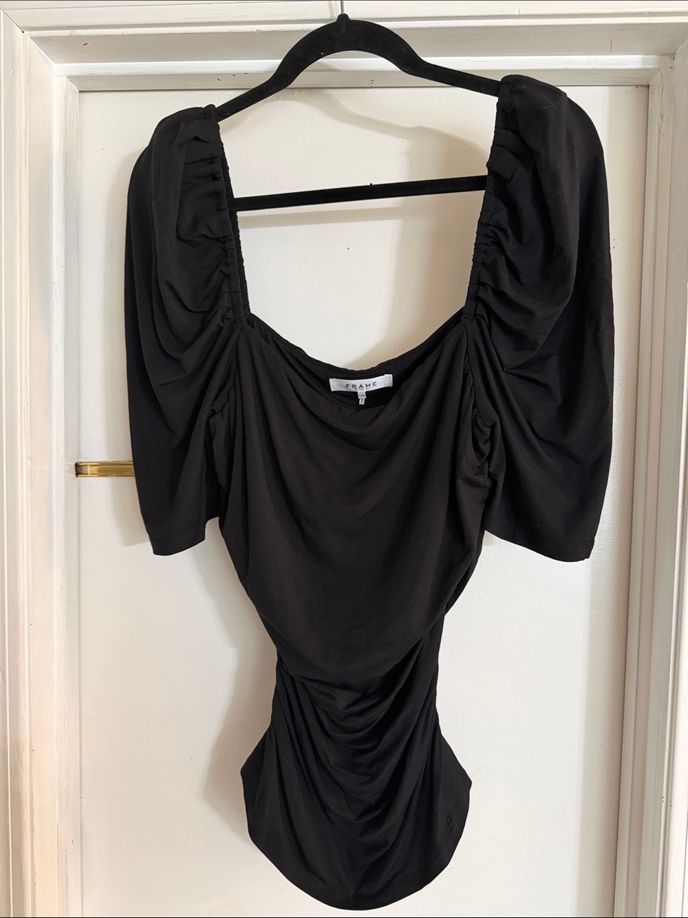 Frame Denim Black Ruched Square-Neck Puff Sleeve Top
